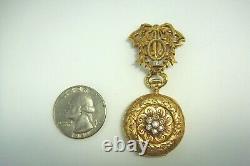 14k Antique Vintage Swiss Pocket Watch On Pin, Old Mine Diamonds, 28 Grams