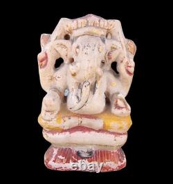 1800's Old Vintage Antique Stone Hand Carved Gold Work God Ganesh Figure Statue