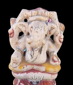 1800's Old Vintage Antique Stone Hand Carved Gold Work God Ganesh Figure Statue