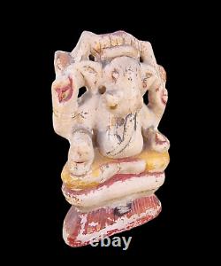 1800's Old Vintage Antique Stone Hand Carved Gold Work God Ganesh Figure Statue