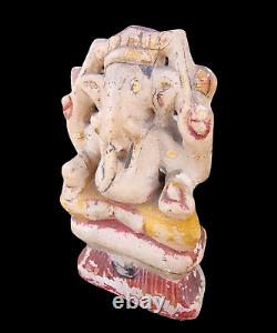 1800's Old Vintage Antique Stone Hand Carved Gold Work God Ganesh Figure Statue