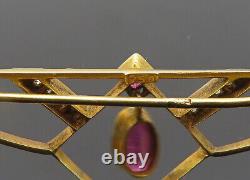 18K GOLD Vintage Antique Old Cut Diamonds & Red Stone Brooch Pin GB036