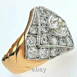 18K Yellow Gold Platinum Old Mine Cut Diamond Antique Ring Geometric Chevron