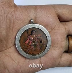 18'C Old Vintage Antique Hindu God Bhairav Painting Fine Silver Metal Pendant