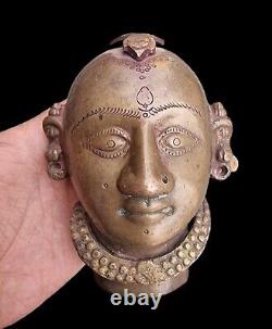 1900's Old Vintage Antique Brass Fine Engraved Hindu Goddess Maa Gauri Head Face