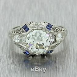 1920s Antique Art Deco Platinum 2.08ctw Old Mine Diamond Sapphire Ring GIA