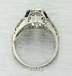 1920s Antique Art Deco Platinum 2.08ctw Old Mine Diamond Sapphire Ring GIA