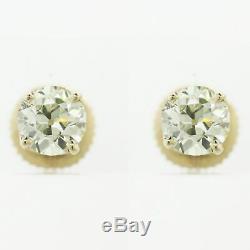 1930s Antique Art Deco 14k Yellow Gold Old Mine Cut 0.83ctw Diamond Stud Earring