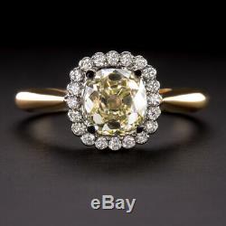 1.65ctw ANTIQUE OLD MINE CUT CUSHION YELLOW DIAMOND VINTAGE HALO ENGAGEMENT RING