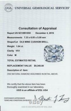 1.84ct CERTIFIED VS1 OLD MINE CUT DIAMOND ANTIQUE CUSHION BRILLIANT VINTAGE 2ct