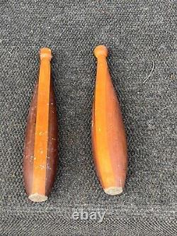 2 Antique old wood 15 exercise gym weight clubs vintage strongman juggling pin