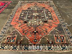 4x6 VINTAGE HANDMADE RUG HAND-KNOTTED WOOL old oriental antique coral rust brown