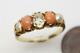 Antique English 18k Gold Old Cut Diamond Coral & Pearl 5 Stone Ring C1890
