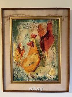 ANTIQUE MID CENTURY MODERN ABSTRACT CHICKEN ROOSTER OIL PAINTING OLD VINTAGE 50s