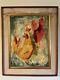 Antique Mid Century Modern Abstract Chicken Rooster Oil Painting Old Vintage 50s