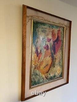 ANTIQUE MID CENTURY MODERN ABSTRACT CHICKEN ROOSTER OIL PAINTING OLD VINTAGE 50s