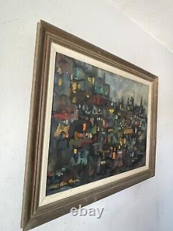 ANTIQUE MID CENTURY MODERN ABSTRACT CITYSCAPE OIL PAINTING OLD VINTAGE 1960s