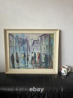 ANTIQUE MID CENTURY MODERN CITYSCAPE OIL PAINTING OLD VINTAGE ABSTRACT 1960s