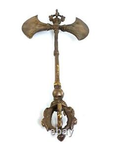 Aged Tibetan Brass Buddhist Ritual Double Axe Nepal Old Vintage Antique Finish