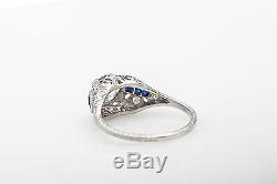 Antique 1920s $10K 1.50ct Old Euro Diamond Blue Sapphire Platinum Filigree Ring