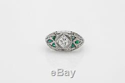 Antique 1920s 1.25ct Emerald VS I Old Euro Diamond 18k White Gold Filigree Ring