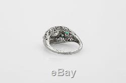 Antique 1920s 1.25ct Emerald VS I Old Euro Diamond 18k White Gold Filigree Ring