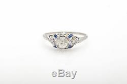 Antique 1920s 1.50ct Old Mine Cut Diamond Blue Sapphire Platinum Filigree Ring
