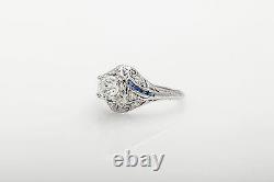 Antique 1920s 1.50ct VS H Old Mine Cut Diamond Sapphire Platinum Filigree Ring