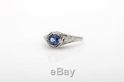 Antique 1920s 1ct Natural Old Euro Ceylon Blue Sapphire 18k Gold Filigree Ring