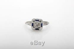 Antique 1920s 1ct Old Euro Diamond Blue Sapphire 18k White Gold Filigree Ring