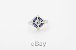 Antique 1920s 1ct Old Euro VS I Diamond Blue Sapphire 18k Gold Filigree Ring