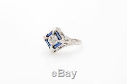 Antique 1920s 1ct Old Euro VS I Diamond Blue Sapphire 18k Gold Filigree Ring