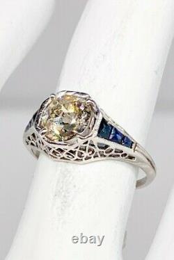 Antique 1920s $20,000 2ct Old Euro Diamond Blue Sapphire Platinum Filigree Ring