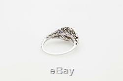 Antique 1920s. 50ct Old Euro Diamond Blue Sapphire 18k White Gold Filigree Ring