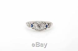 Antique 1920s. 50ct Old Mine Cut Diamond Blue Sapphire 18k Gold Filigree Ring