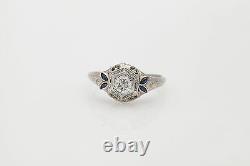 Antique 1920s. 75ct Old Euro VS H Diamond Sapphire 18k White Gold Filigree Ring