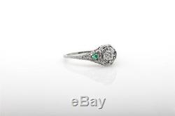 Antique 1920s. 75ct Old Mine Cut VS H Diamond Emerald 18k Gold Filigree Ring
