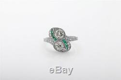 Antique 1920s $8000 2ct VS I Old Euro Diamond Emerald Platinum Filigree Ring