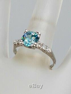 Antique 1940s $2400 2ct Old Euro Natural Blue Zircon Diamond Platinum Ring
