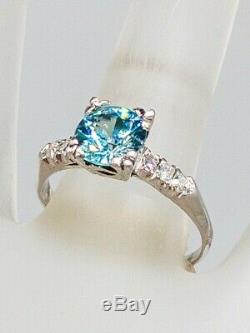 Antique 1940s $2400 2ct Old Euro Natural Blue Zircon Diamond Platinum Ring