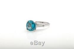 Antique 1940s 5.50ct Old Euro Natural Blue Zircon Diamond Platinum Ring