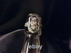 Antique 1ct Old Euro Diamond Emerald 18k White Gold Filigree Ring Size 8