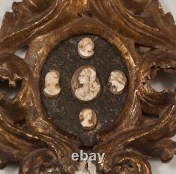 Antique 5 Cameos Stone Profile Heads Wood Frame Medallion Jewelry Rare Old 18th