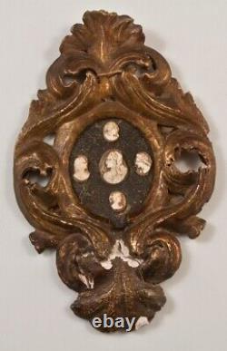 Antique 5 Cameos Stone Profile Heads Wood Frame Medallion Jewelry Rare Old 18th