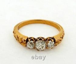 Antique Art Nouveau 3 Old Mine Cushion Cut Diamonds Floral 18K Yellow Gold Ring