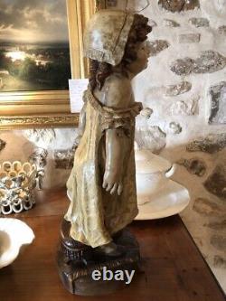Antique Awakening Girl Sculpture Terracotta Statue Polychrome Mage Rare Old 19th