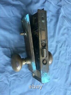 Antique Brass Entry Door Knob Set Back Plates Mortise Lock Vtg Yale Old 460-19J