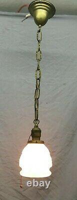 Antique Brass Pendant Ceiling Light Fixture Old Milk Glass Shade Vtg 398-19E