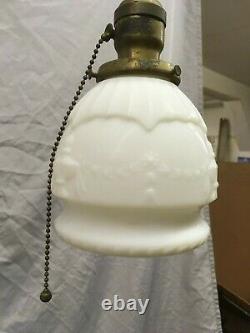Antique Brass Pendant Ceiling Light Fixture Old Milk Glass Shade Vtg 398-19E