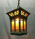 Antique Brass Vintage Hanging Ceiling Light Amber Stained Glass Old 371-21b